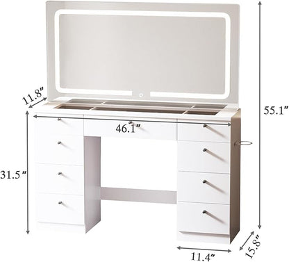 46 INCH Makeup Vanity Desk with Mirror - Glass Tabletop Vanity Table with Lights, Drawers, Power Outlet, Large Storage Desk for Bedroom, White