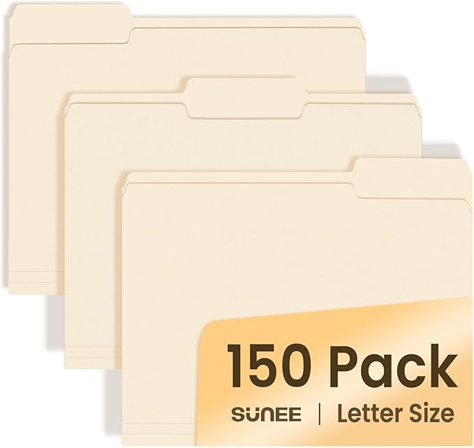 SUNEE File Folders, 150 Pack Manilla Folders 8.5 x 11, 1/3 Cut Tab for Easy Labeling and Organization, Durable Standard Paper for Home, Office, School Filing