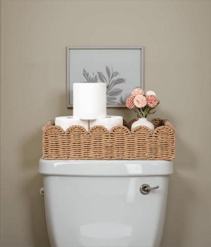 CubesLand Toilet Paper Storage Basket, Scalloped Edge Shelves Basket for Organizing for Over Toilet Tank Storage, Home Decor Baskets for Shelf, Countertop, Living Room, Bedroom, Handwoven, Neutral