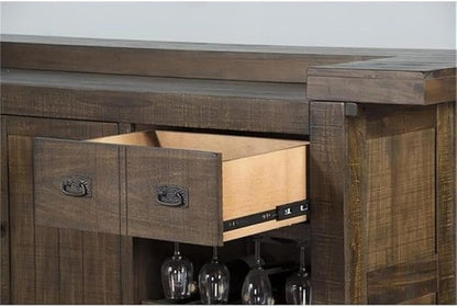 Pemberly Row Wood Home Bar with 4 Shelves and 3 Drawers in Cherry (42" H x 80" W x 28" D) for Home, Kitchen, Dining Room with Storage Cabinet and Wine Rack, Easy Assembly