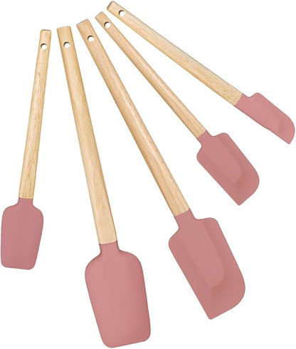 5 Pcs Silicone Spatula Set,Food Grade Silicone Spatula Nonstick Rubber Spatulas with Wooden Ergonomic Grip,Spoonula,Jar Scraper for Cooking,Baking,Mixing,Frosting-Heat Resistant Up to 428°F(Pink)