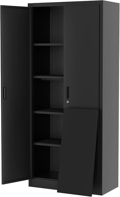 GarveeHome 71 in Tall Metal Storage Cabinet with Doors & 4 Adjustable Shelves,Heavy Duty Lockable Cabinet for Pantry/Garage/Office - Adjustable Feet, Multi-Use Craft/Shop Organization (Black)