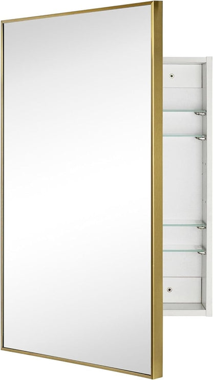 TEHOME 24'' x 30'' Brushed Gold Recessed and Surface Mount Bathroom Medicine Cabinet with Mirror Brushed Gold Square Cornered Metal Framed Rounded Rectangle Medicine Cabinet Mirror