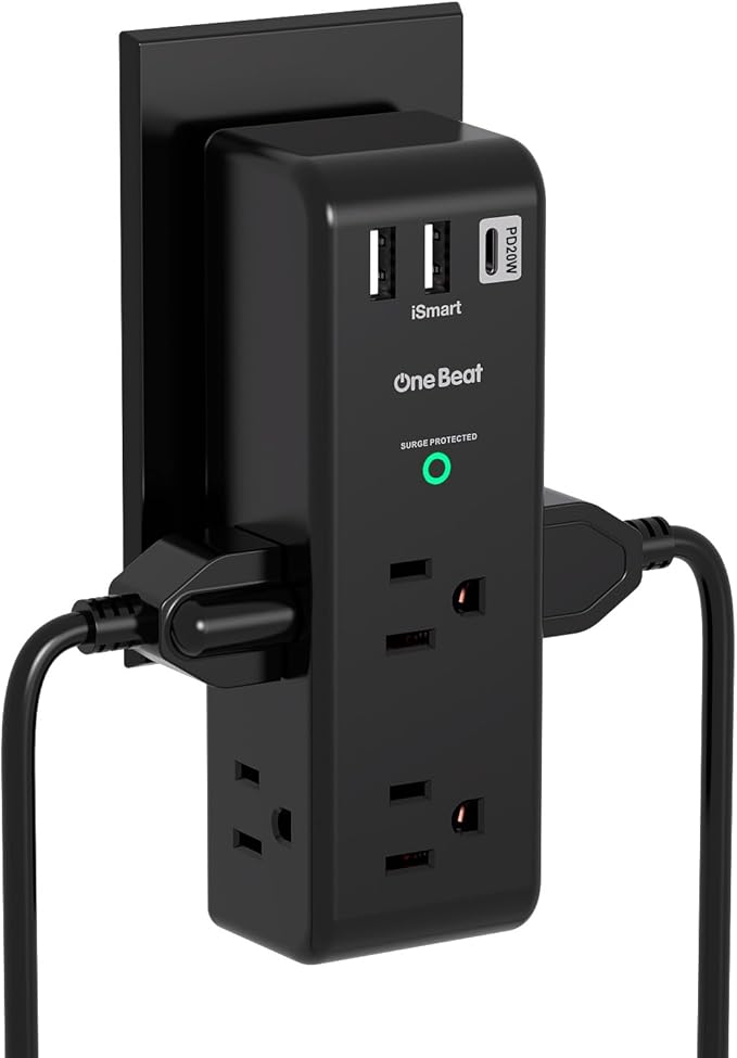 Surge Protector Outlet Extender, Rotating Plug, PD 20W, 6 AC Multi Plug Outlet with 3 USB Ports (2 USB C), 1800 Joules 3-Sided Swivel Power Strip with Spaced Outlet Splitter for Home Office Dorm - BK