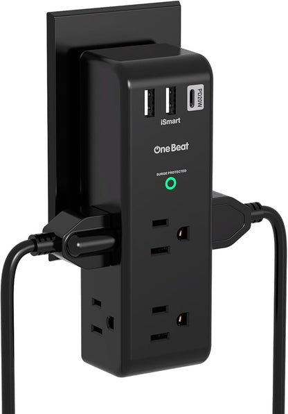 Surge Protector Outlet Extender, Rotating Plug, PD 20W, 6 AC Multi Plug Outlet with 3 USB Ports (2 USB C), 1800 Joules 3-Sided Swivel Power Strip with Spaced Outlet Splitter for Home Office Dorm - BK