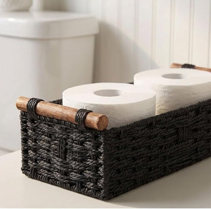 Back of Toilet Basket, Black Toilet Tank Basket with Wooden Handles, Handwoven Paper Rope Wicker Organizer for Toilet Top/Over Toilet Shelf/Bathroom Counter Storage Bin,Holds 2 Toilet Paper Rolls