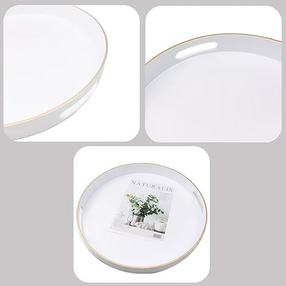 White Round Decorative Tray with Handles, 13" Versatile Serving Tray for Coffee Table, Ottoman, Ideal for Serving, Displaying, Organizing