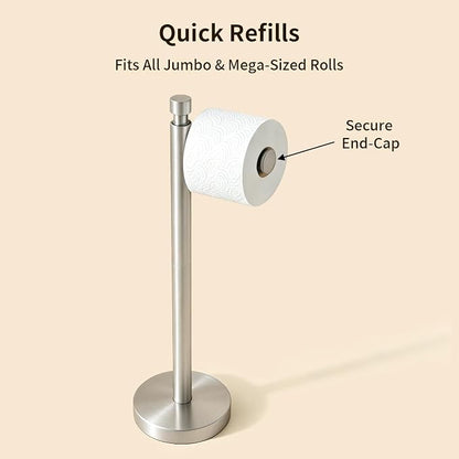 YUMORE Toilet Paper Holder Stand, Heavy Duty Stainless Steel Free Standing Bathroom Tissue Roll Holder, Brushed Nickel