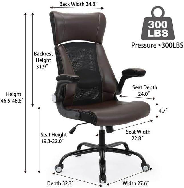 Clearance Executive Office Chair, Ergonomic Leather Desk Chair - Widened Adjustable Headrest with Flip-Up Arms, High Back Computer Swivel Task Chair with Lumbar Support, Brown