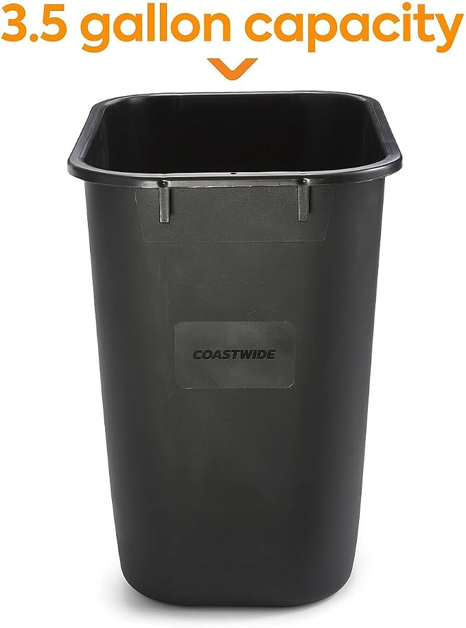 COASTWIDE Professional™ Indoor Trash Can Without Lid, Black Soft Molded Plastic, 3.5 Gallon, 6/Pack
