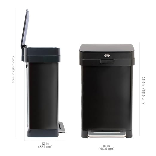 Clorox 13 Gallon Trash Can - 50L Kitchen Trash Can with Wide Step Pedal - Rectangular Black Stainless Garbage Bin with Hinged Rim and Odor Protection