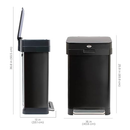 Clorox 13 Gallon Trash Can - 50L Kitchen Trash Can with Wide Step Pedal - Rectangular Black Stainless Garbage Bin with Hinged Rim and Odor Protection