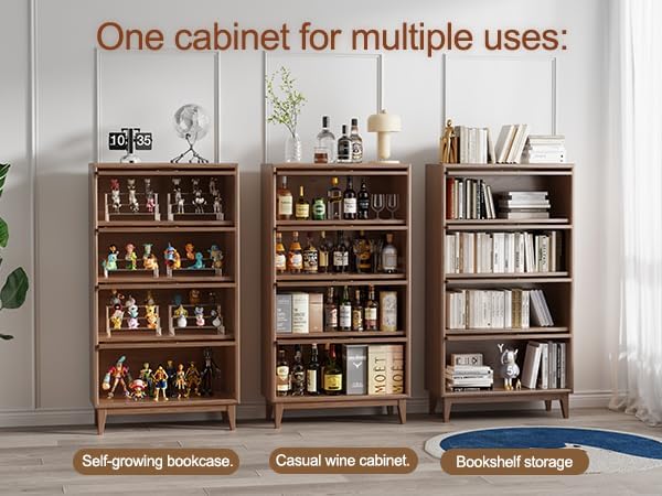 Solid Wood 4 Tier Bookcase with Tempered Glass Doors, Elegant Wooden Book Shelf with Doors 60H/32w/14 inch Log Khaki, Luxury Antique Bookcase Artwork Book Shelves/case for Home Office