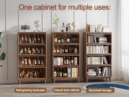 Solid Wood 4 Tier Bookcase with Tempered Glass Doors, Elegant Wooden Book Shelf with Doors 60H/32w/14 inch Log Khaki, Luxury Antique Bookcase Artwork Book Shelves/case for Home Office