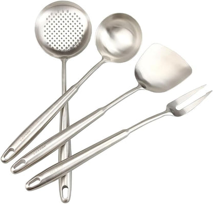 Wok Utensils Tools for Carbon Steel, Stainless Steel Wok Spatula Set,Wok Spatula and Skimmer, Soup Ladle,Meat Fork,4-PiecesCooking Tools & Serving Utensil 15inch