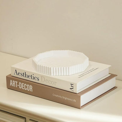 Decorative Plaster Tray & Book Decor Set - Scalloped Tray & Decorative Books Box Enhance Coffee Table or Bookshelf Decor - Modern Home Decoration for Living or Dining Room & as Housewarming Gift
