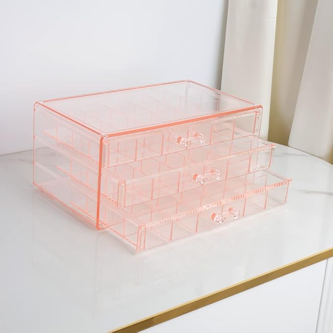 YUFONG Earring Storage Box Organizer 3 Drawers Acrylic Jewelry Storage Box Holder Transparent Jewelry Display Stand with 72 Small Compartments Gift for Women Girls (Clear Pink)