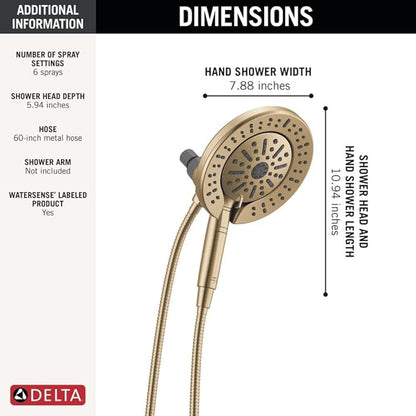 Delta 6-Setting In2ition 2-in-1 Dual Shower Head with Handheld High Pressure ProClean Spray, Brushed Gold Detachable Shower Head with Hose, 1.75 GPM Flow Rate, Champagne Bronze 75655CZ