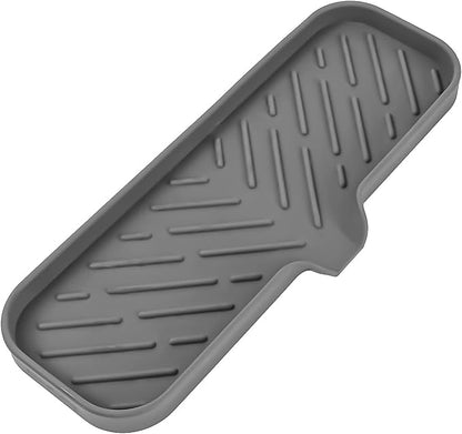 MicoYang Silicone Soap Dish with Drain Spout — Self-Draining Double Sink Organizer Tray for Kitchen & Bathroom, Dispensers, Sponges & Soap Holder, Non-Slip & Dishwasher Safe, Grey (Large, 12"×4")