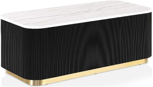 Furniture of America Beryl Modern Rectangle White Genuine Marble Top Coffee Table with Fluted Pedestal Base and Gold Stainless Steel Accent, Low Profile Table for Living Room, Home Office, Black