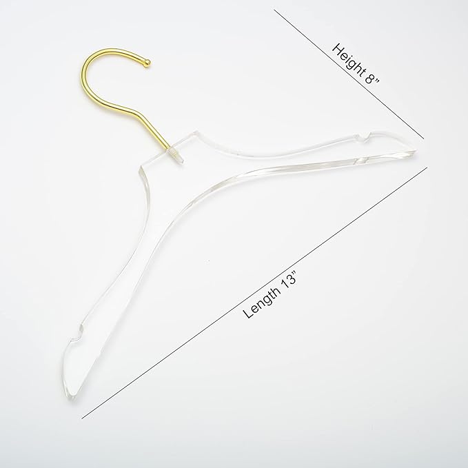 HomeCube USA Clear Acrylic Clothes Hanger with Gold Hooks – Heavy Duty Lucite Closet Organizer, Elegant & Sturdy for Shirts, Dresses, Coats, Suits & Boutique Use (10, Small 13")