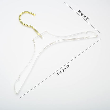 HomeCube USA Clear Acrylic Clothes Hanger with Gold Hooks – Heavy Duty Lucite Closet Organizer, Elegant & Sturdy for Shirts, Dresses, Coats, Suits & Boutique Use (10, Small 13")