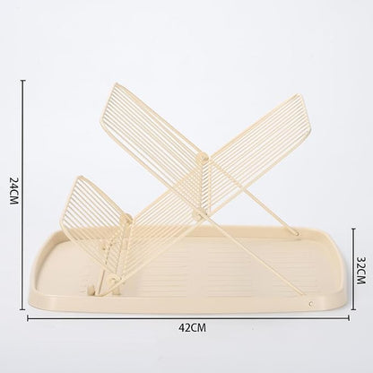Folding Dish Drying Rack with Drip Tray Collapsible Dish Rack for Kitchen Counter 2 Tier Foldable Dish Drainers for Large Capacity Wire Expandable, Cream