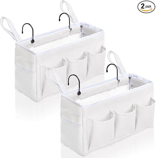 Kanrichu Bedside Caddy Hanging Storage Bag, Organizer Baskets with Pockets for Bunk Bed Accessories, Loft & Dorm Rooms Chair Bed Rails (White-2pcs)