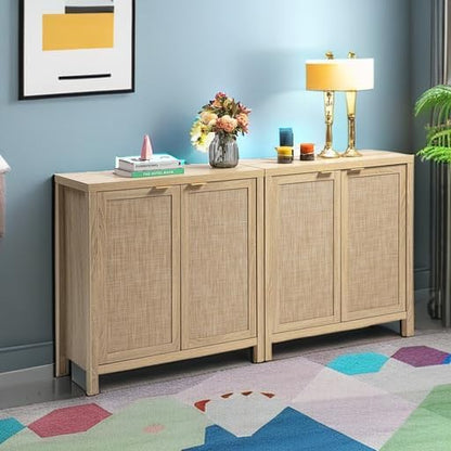 SICOTAS Rattan Sideboard Buffet Cabinet with Large Storage : Boho Credenza Coffee Bar Cabinet with Adjustable Shelves, Farmhouse Console Table for Kitchen, Living Room, Entryway, Natural, 2 Pieces