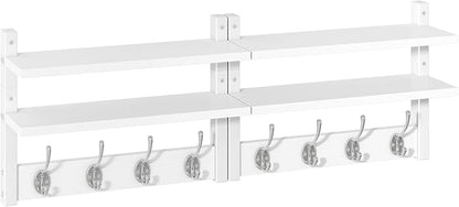 YMYNY Coat Rack Wall Mount with Shelf, Two-Tier Wall Shelf Mounted with 8 Hooks, Wooden Wall Coat Rack for Entryway, Bedroom for Hanging Clothes/Coats/Keys/Hats/Towels, White, HWS009W-2