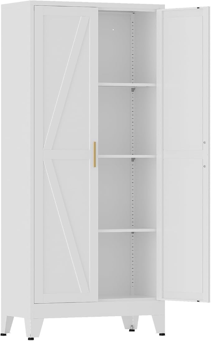 COFaR Farmhouse Kitchen Pantry Cabinet, 61 in Tall Metal Storage Cabinet with 3 Adjustable Shelves and 2 Barn Doors, Freestanding Cupboard for Garage Kitchen Office Bathroom Laundry, White 4 Tiers
