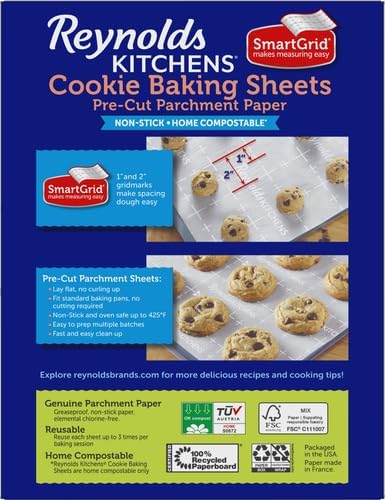 Reynolds Kitchens Cookie Baking Sheets, Pre-Cut Baking Parchment Paper Sheets for Cookies, Oven-Safe up to 425 Degrees, Reusable Up to 3X, No-Mess Cleanup, 12 in x 16 in, 22 Count (Pack of 2)