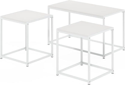 Furinno CAMNUS Coffee Table, Metal Frame Modern Center Table and Side Tables Set, Toolless Side Table Sets, for Living Room, Bedroom, Home Office, Solid White