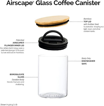 AirScape Glass Food Storage Canister - Glass Storage With US Patented Airless Inner Lid & Bamboo Top Lid - Preserves Food Freshness (Medium 7-Inch)