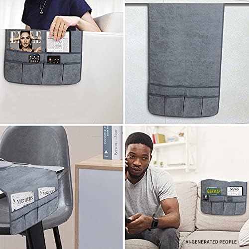 HAOMAIJIA Anti Slip Sofa Armrest Organizer Arm Chair Bedside Caddy Storage Organizer For Recliner Couch With 6 Pockets For Cell Phone Tv Remote Control Magazines (grey blue)