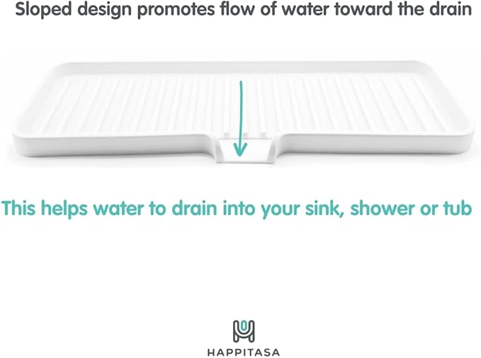Happitasa Silicone Soap Dish Tray and Sponge Holder with Drain Chute | Bathroom and Kitchen Sink Organizer Caddy (Grey, 12"x4", 7.4 Ounces)