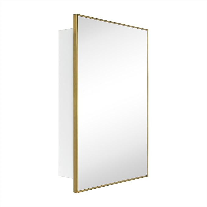 TEHOME 20'' x 30'' Brushed Gold Recessed and Surface Mount Bathroom Medicine Cabinet with Mirror Brushed Gold Square Cornered Metal Framed Rounded Rectangle Medicine Cabinet Mirror