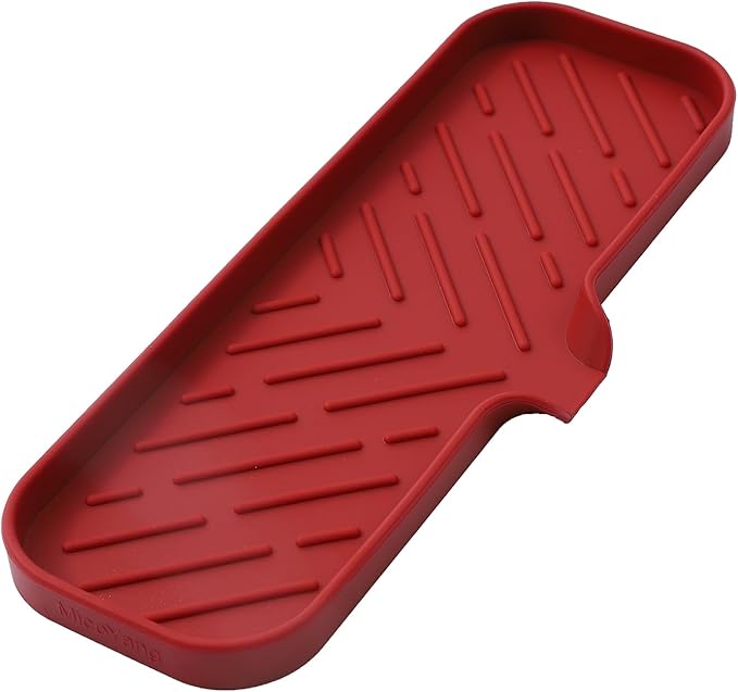 MicoYang Silicone Soap Dish with Drain Spout — Self-Draining Double Sink Organizer Tray for Kitchen & Bathroom, Dispensers, Sponges & Soap Holder, Non-Slip & Dishwasher Safe, Red (Large, 12"×4")