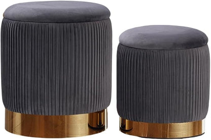 YYW HOME Gray Round Ottoman with Storage Set of 2 | Large storage capacity, Removable Lid, Used for Vanity Stoo,l Assemble Free, Nesting Packing