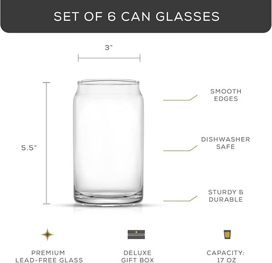 JoyJolt Drinking Glass Cups Set of 6-16oz Beer Can Glasses. Clear Soda Can Shaped Glass Cups, Cute Iced Coffee Cup Tumblers, Cold Drink Glassware, Unique Water, Tea, Cocktail Glass Set