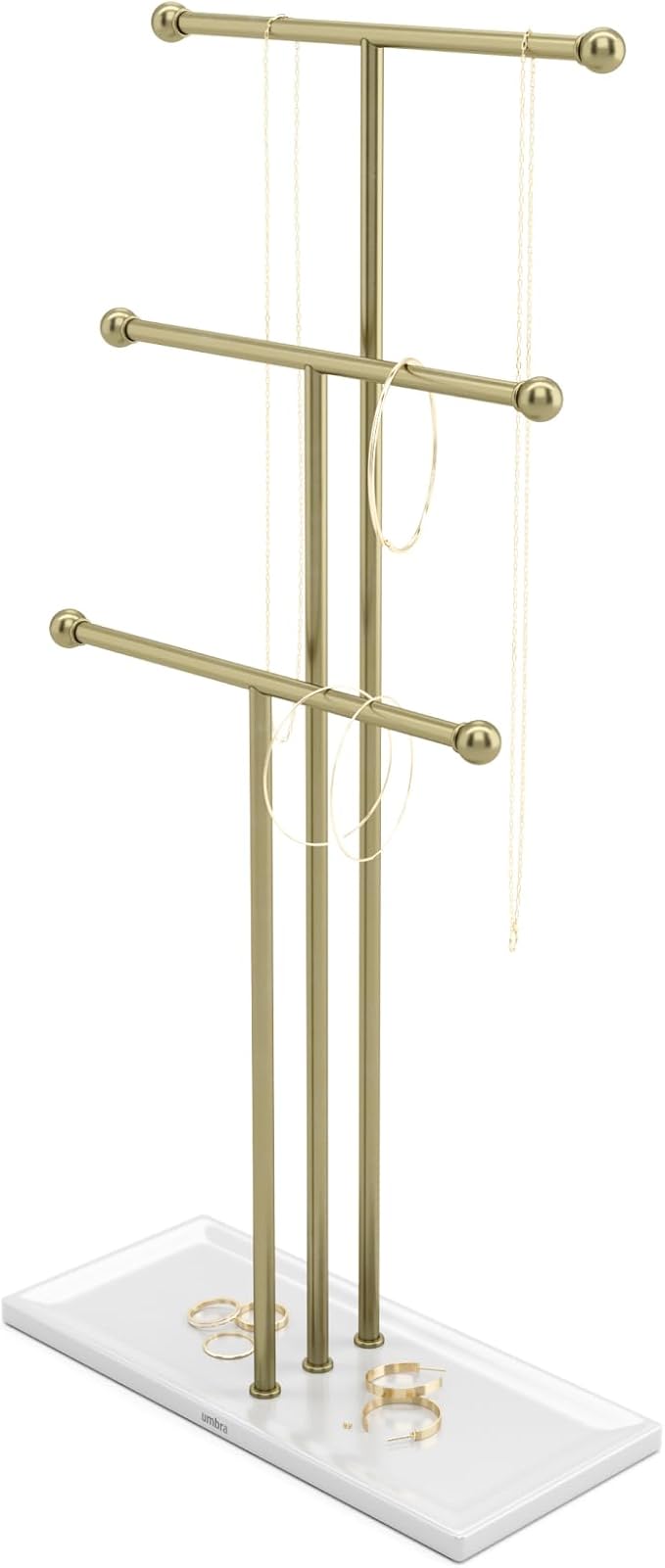 Umbra Trigem Hanging Jewelry Organizer Tiered Tabletop Free Standing Necklace Holder Display, White/Gold
