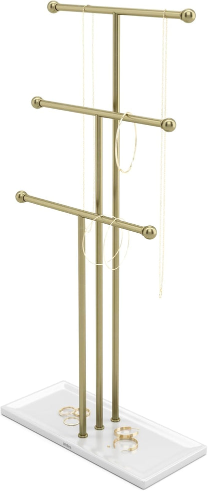 Umbra Trigem Hanging Jewelry Organizer Tiered Tabletop Free Standing Necklace Holder Display, White/Gold