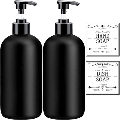 Black Soap Dispenser with Rust Proof Pump, Waterproof Labels (2 Pack,16 Oz), Plastic Hand Soap Dish Soap Dispenser for Kitchen, Premium Thick Soap Pump Bottles