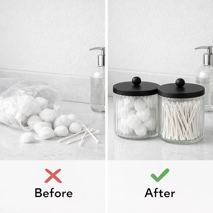 KMwares 2-Pack Glass Qtip Holder Dispenser Set - Bathroom Canister Storage Organizer for Cotton Balls, Swabs, Floss Picks, and Makeup Sponges with Matte Black Metal Lid - Clear Vanity Apothecary Jars