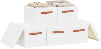 YheenLf 5 Pack Storage Baskets, Storage Boxes with Lids, Closet Organizers with Handles for Shoes Towels Books, White, 16.5 x 11.8 x 10.2 Inch