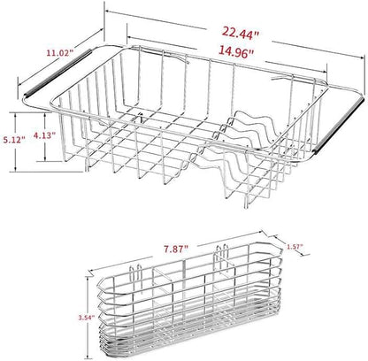JAQ Dish Drainer in Sink Adjustable 14.96" to 22.44", Expandable 304 Stainless Steel Metal Dish Drying Rack Organizer with Stainless Steel Utensil Holder Over Inside Sink Counter
