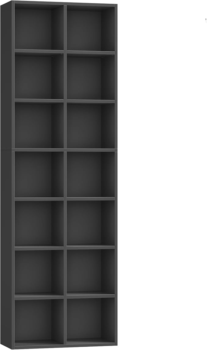 FOTOSOK 71'' Tall Bookshelf with 14 Cubes, 7 Tier Double Wide Black Bookshelf with 6 Adjustable Shelves, 19.6" Narrow Bookcase DVD/CD Media Storage, Space Saving Display Shelf Cabinet, Black