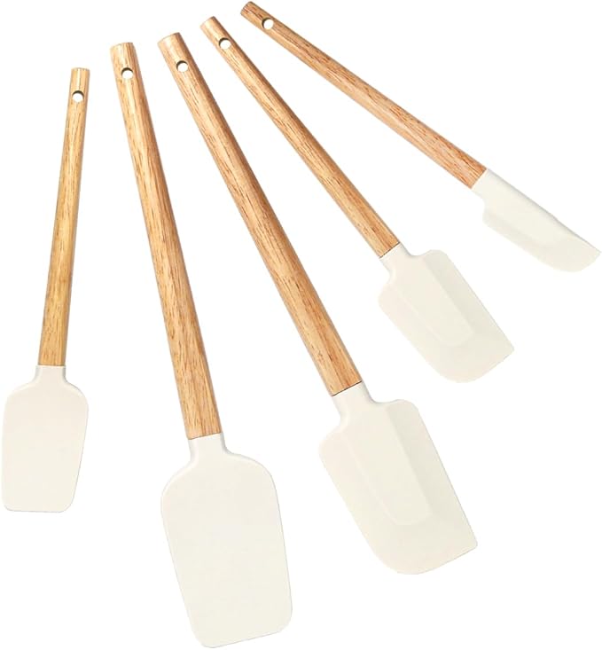 5 Pcs Silicone Spatula Set,Food Grade Silicone Spatula Nonstick Rubber Spatulas with Wooden Ergonomic Grip,Spoonula,Jar Scraper for Cooking,Baking,Mixing,Frosting-Heat Resistant Up to 428°F(Off White)