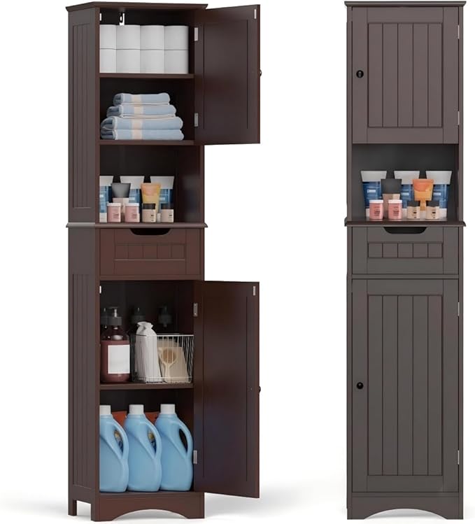 Gizoon 67" H Tall Bathroom Cabinet, Storage Cabinet with 2 Doors & Drawer, Narrow Linen Tower Freestanding Adjustable Shelves for Home, Kitchen, Versatile, Anti-Tipping, Dark Brown | Tall
