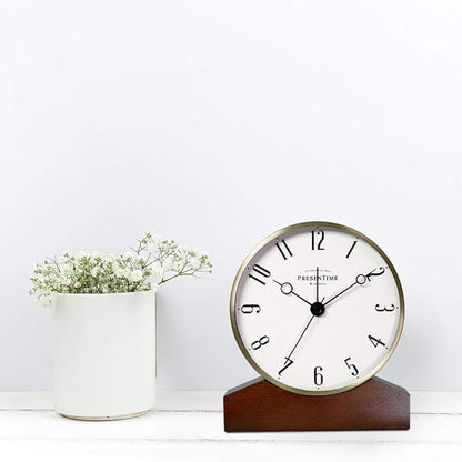Presentime & Co Mozart Mantel Alarm Clock, Desk and Shelf Clock, Tabletop Decoration, 6 x 5.5 inch, Silent no Ticking, Wooden Base, Walnut Finish, Golden Color, Arabic Numeral